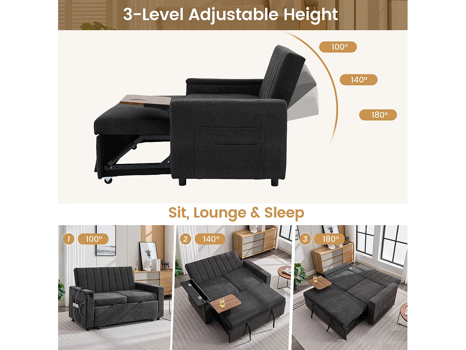 Canapé convertible 2 places en chenille grise, dossier réglable et ports USB pour salon
