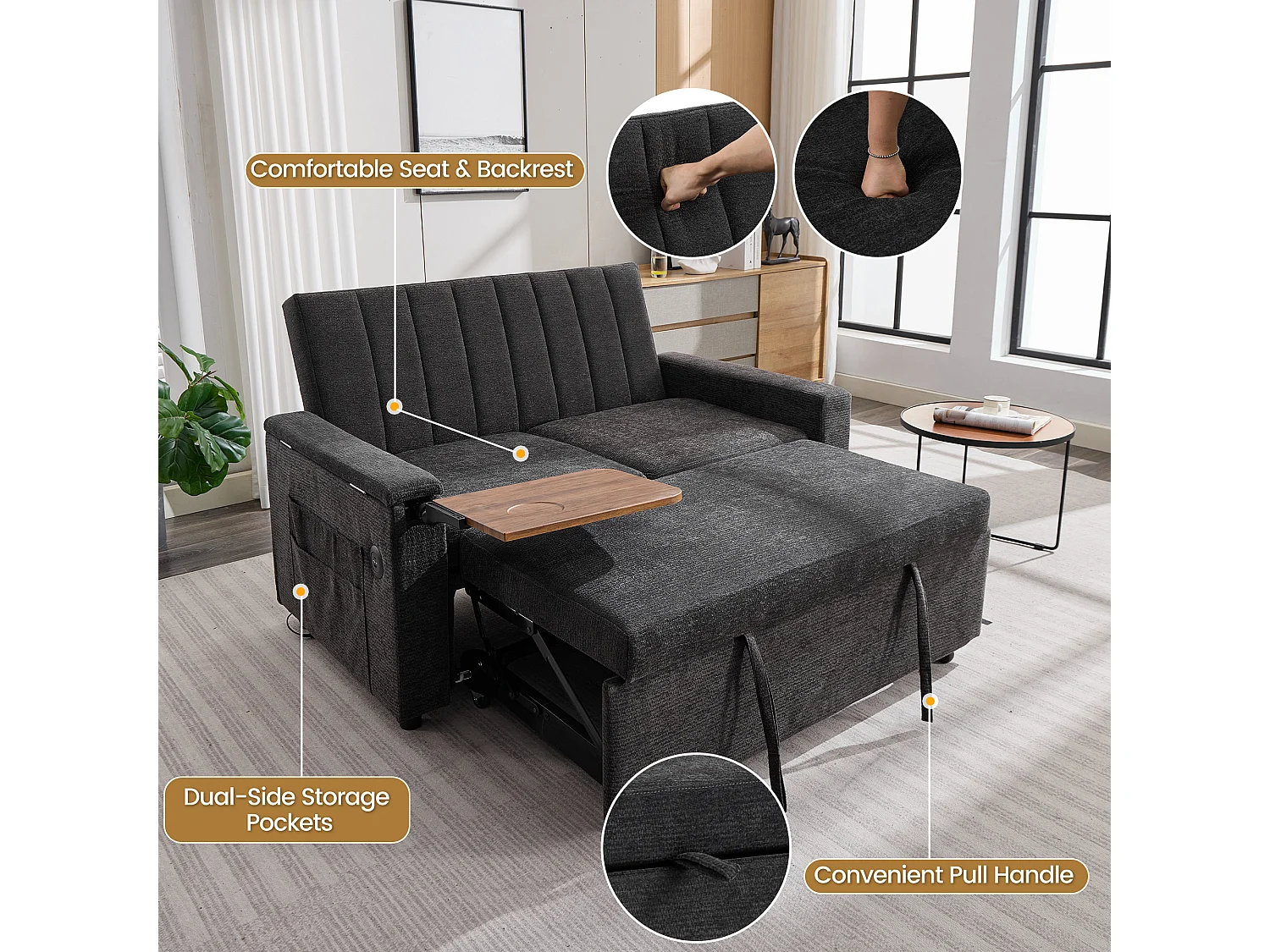 Canapé convertible 2 places en chenille grise, dossier réglable et ports USB pour salon