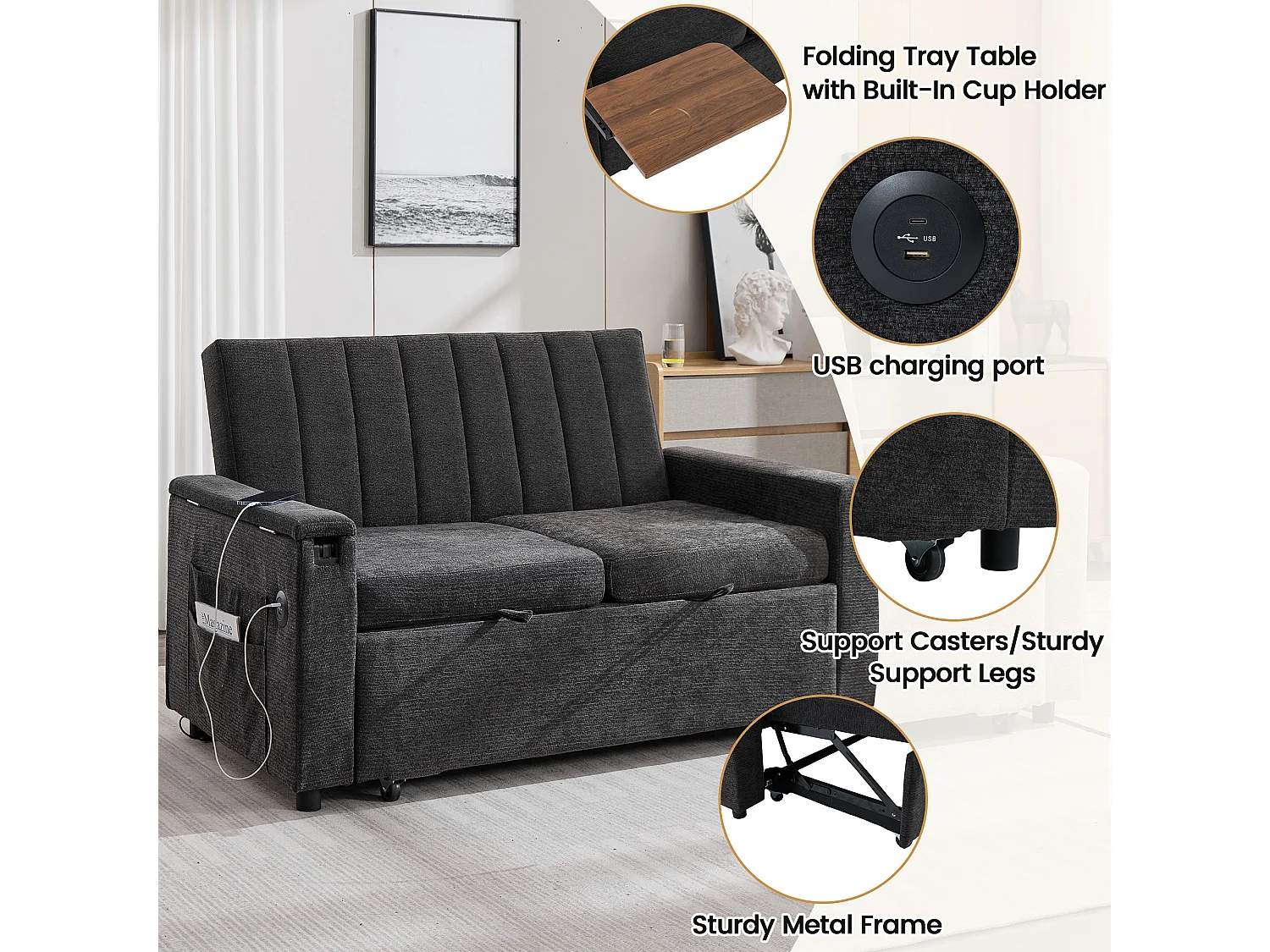 Canapé convertible 2 places en chenille grise, dossier réglable et ports USB pour salon
