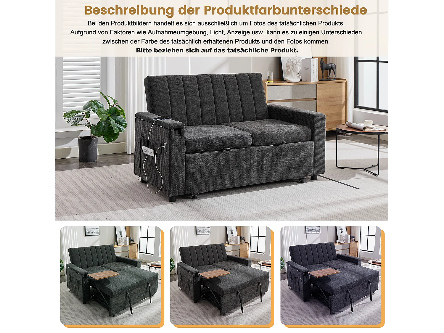 Canapé convertible 2 places en chenille grise, dossier réglable et ports USB pour salon