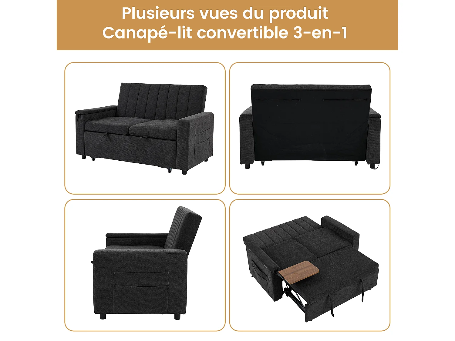 Canapé convertible 2 places en chenille grise, dossier réglable et ports USB pour salon