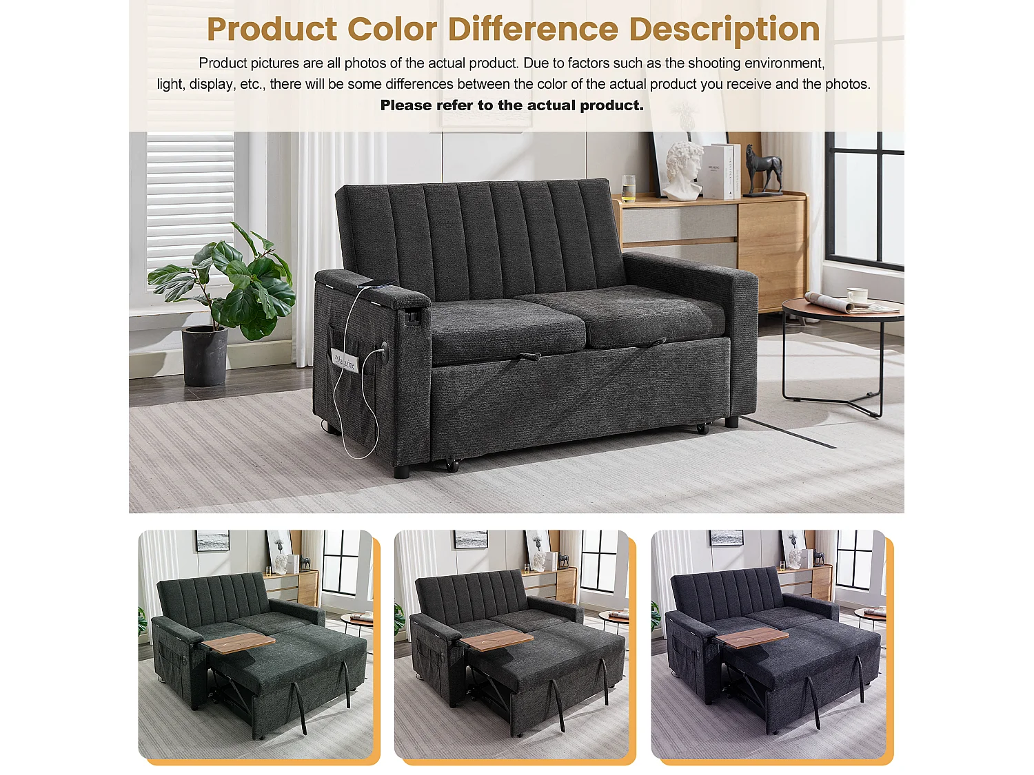 Canapé convertible 2 places en chenille grise, dossier réglable et ports USB pour salon