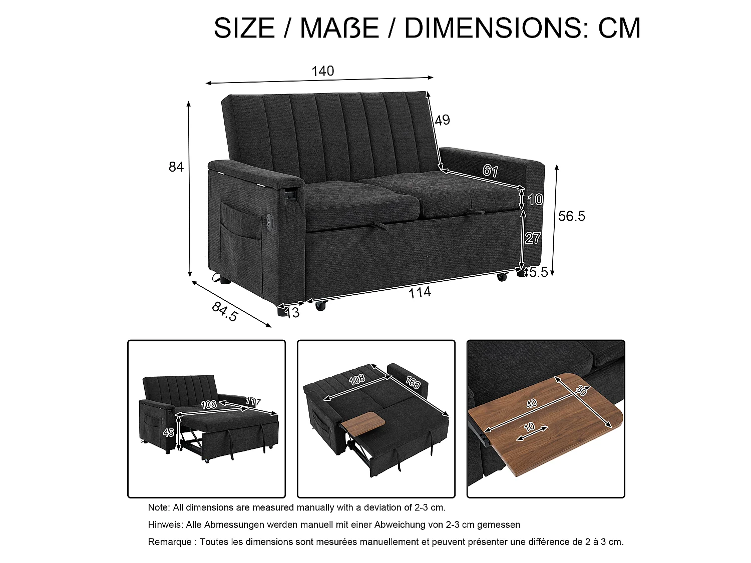 Canapé convertible 2 places en chenille grise, dossier réglable et ports USB pour salon