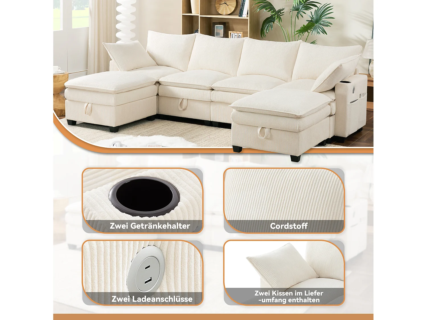 Canapé d’angle modulable 6 places en velours côtelé beige avec poufs amovibles