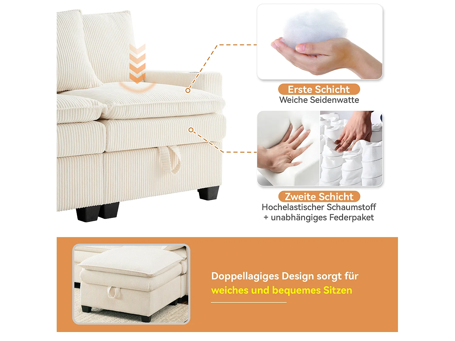 Canapé d’angle modulable 6 places en velours côtelé beige avec poufs amovibles