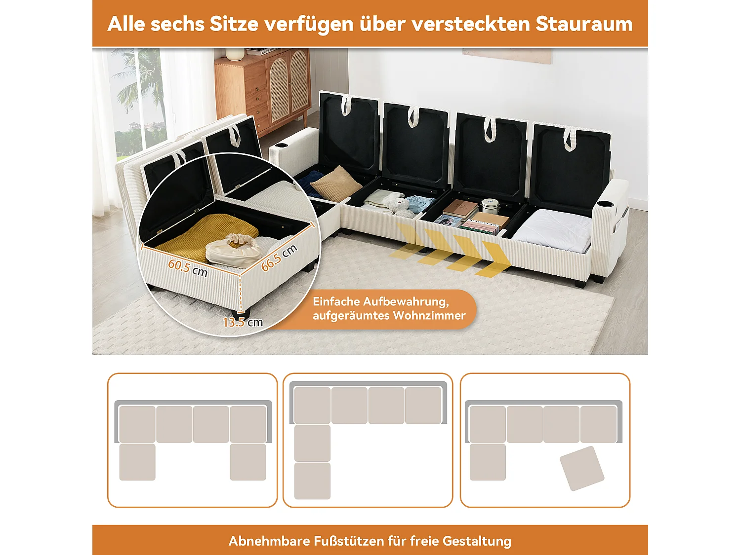 Canapé d’angle modulable 6 places en velours côtelé beige avec poufs amovibles