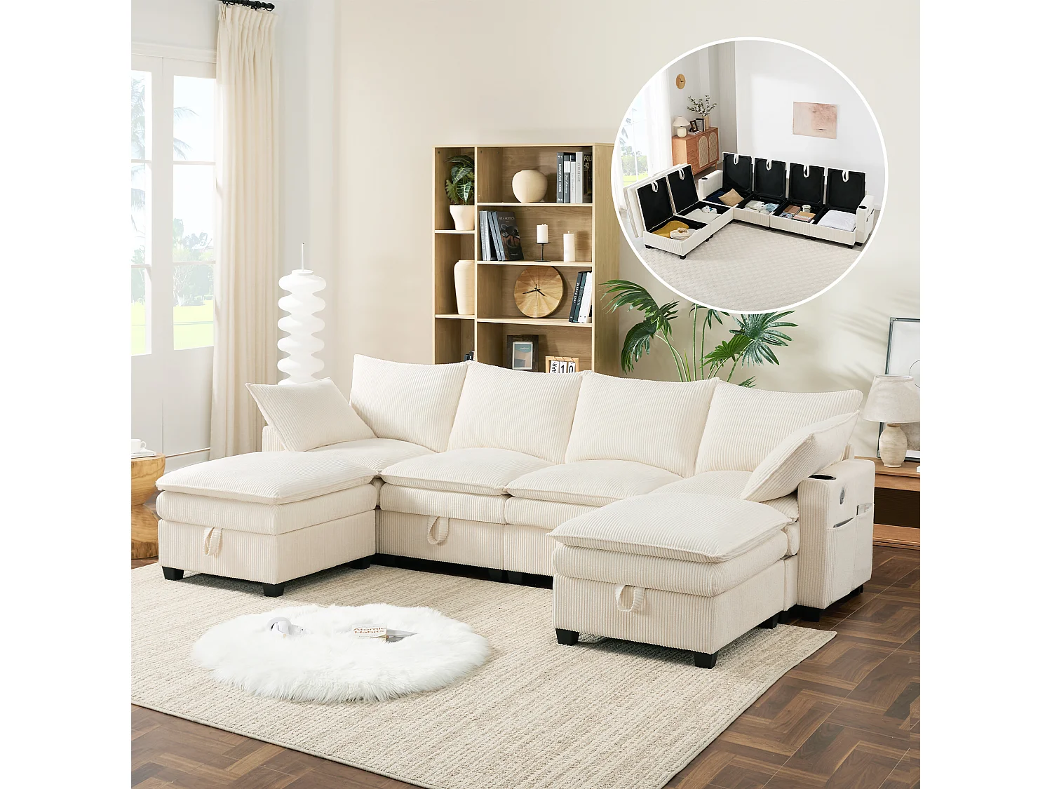 Canapé d’angle modulable 6 places en velours côtelé beige avec poufs amovibles