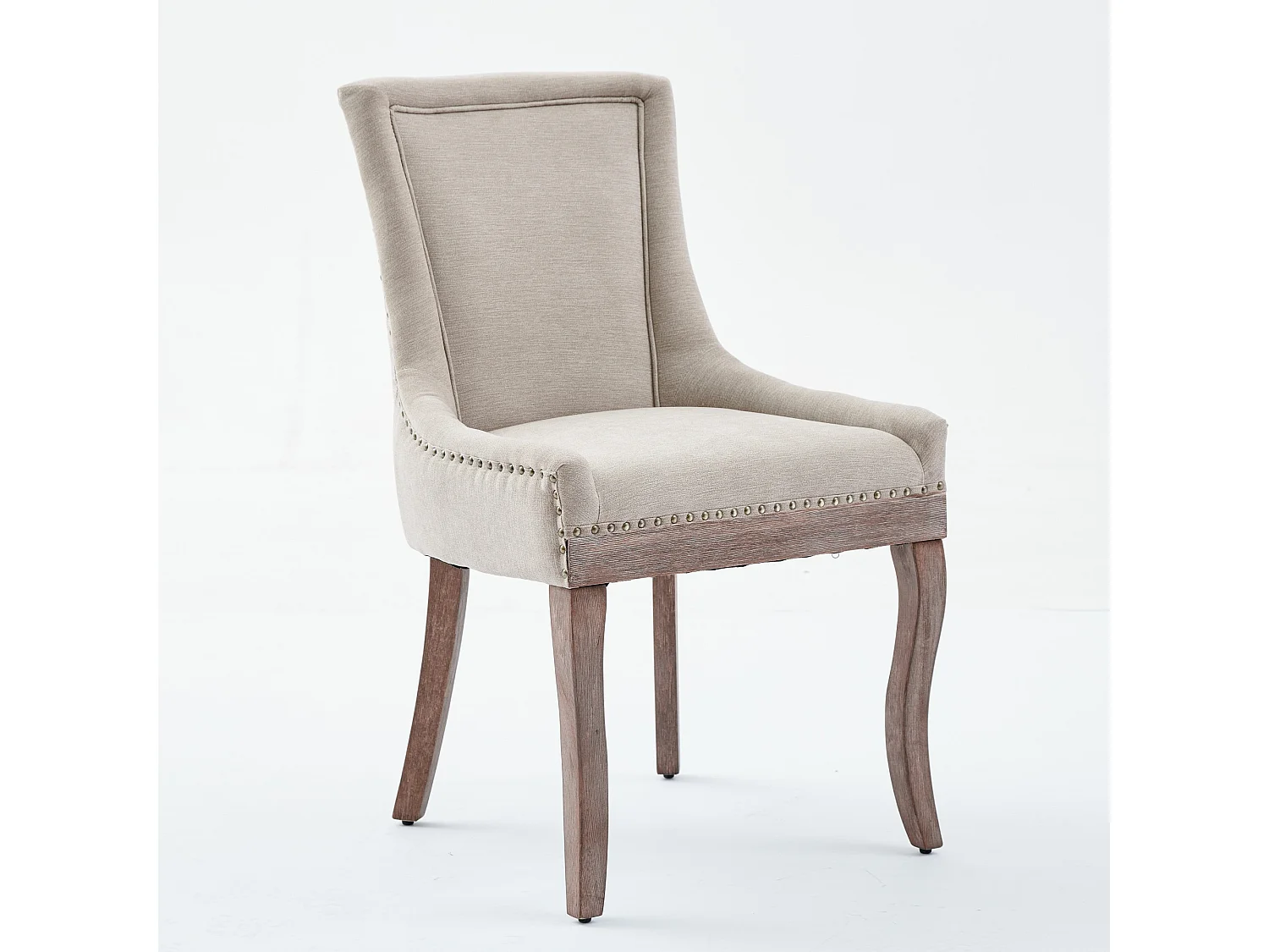 Lot de 2 chaises de salle à manger beiges en tissu, dossier haut, pieds en bois massif