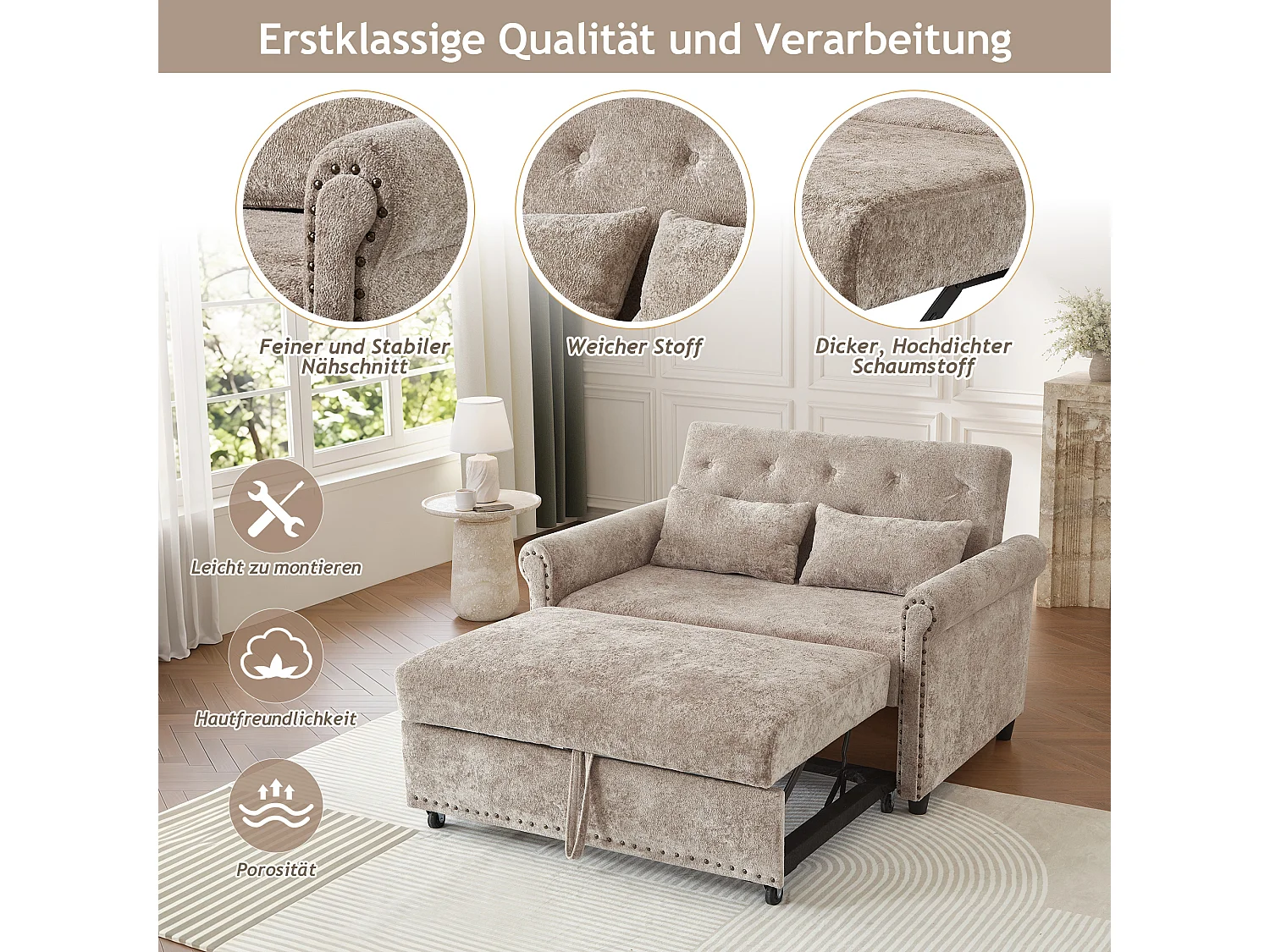 Canapé convertible 2 places en tissu chenille, 3 en 1, dossier réglable