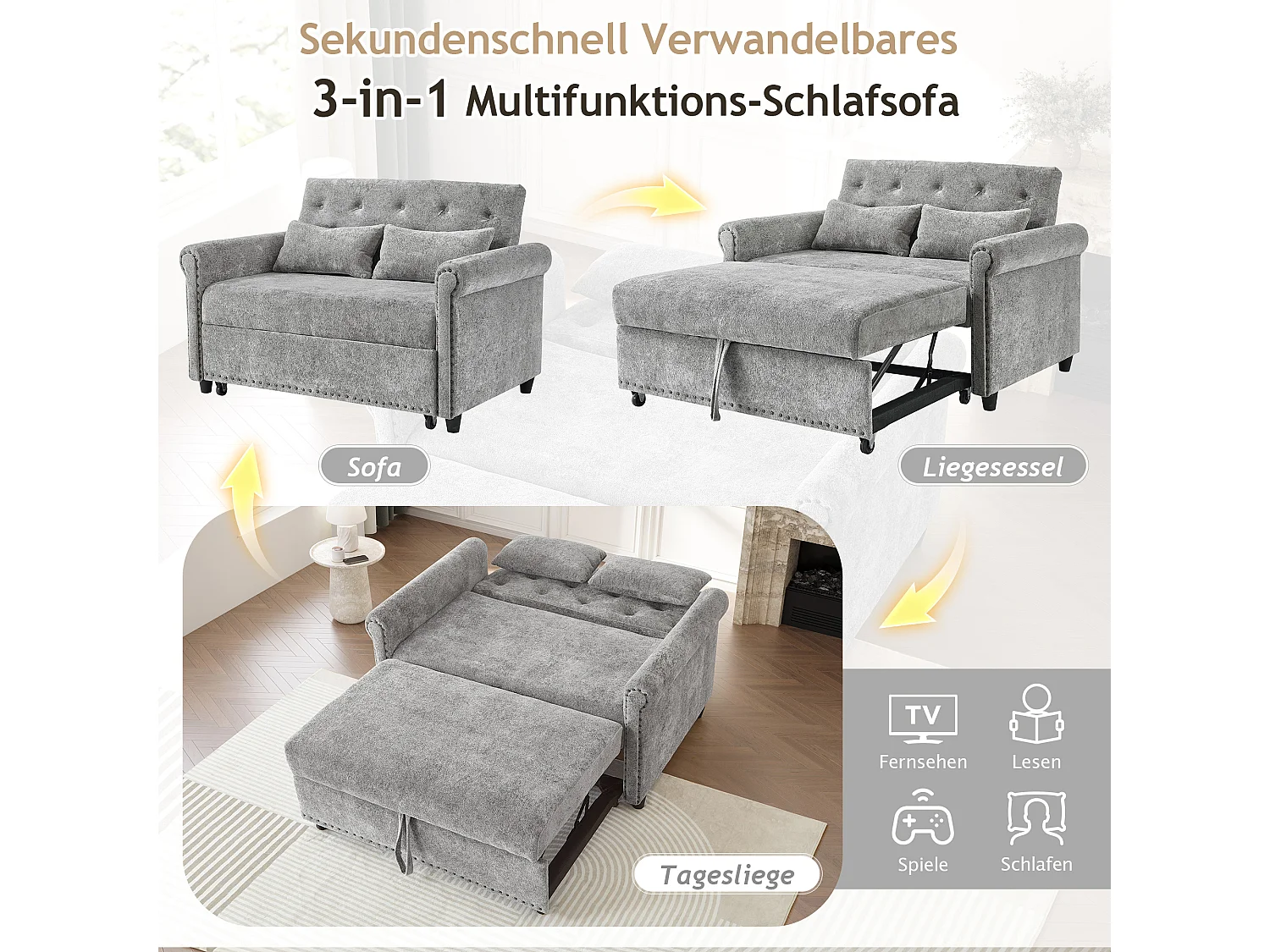 Canapé convertible 2 places 3-en-1 gris en tissu chenille, dossier réglable