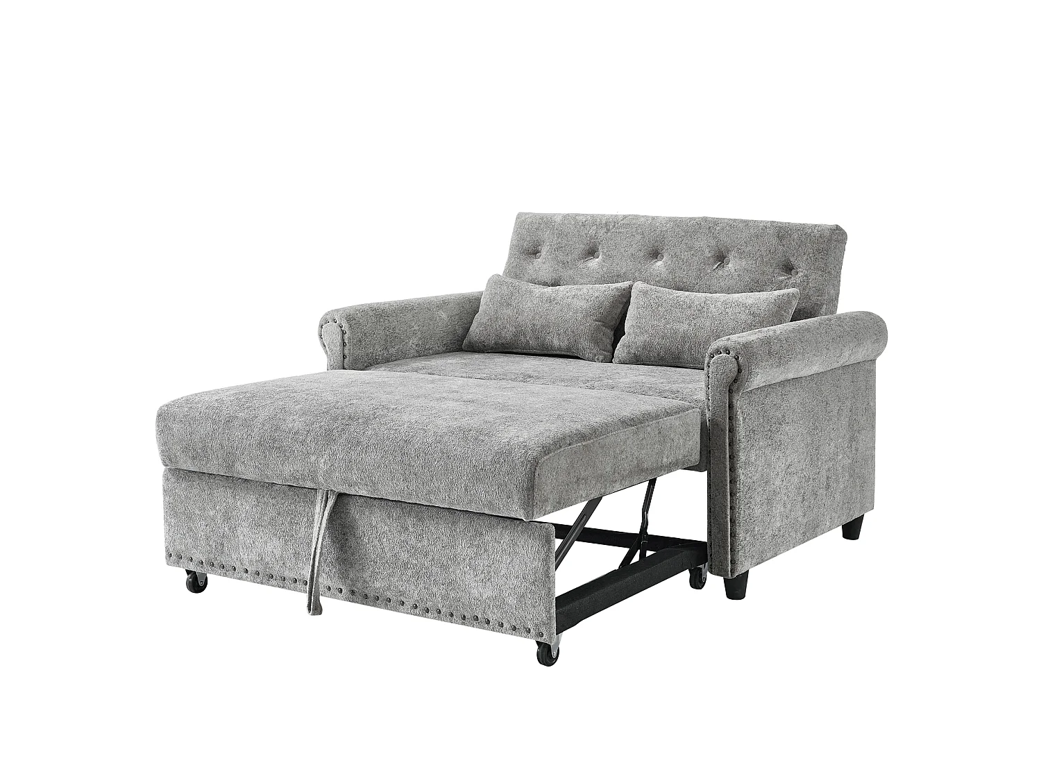 Canapé convertible 2 places 3-en-1 gris en tissu chenille, dossier réglable