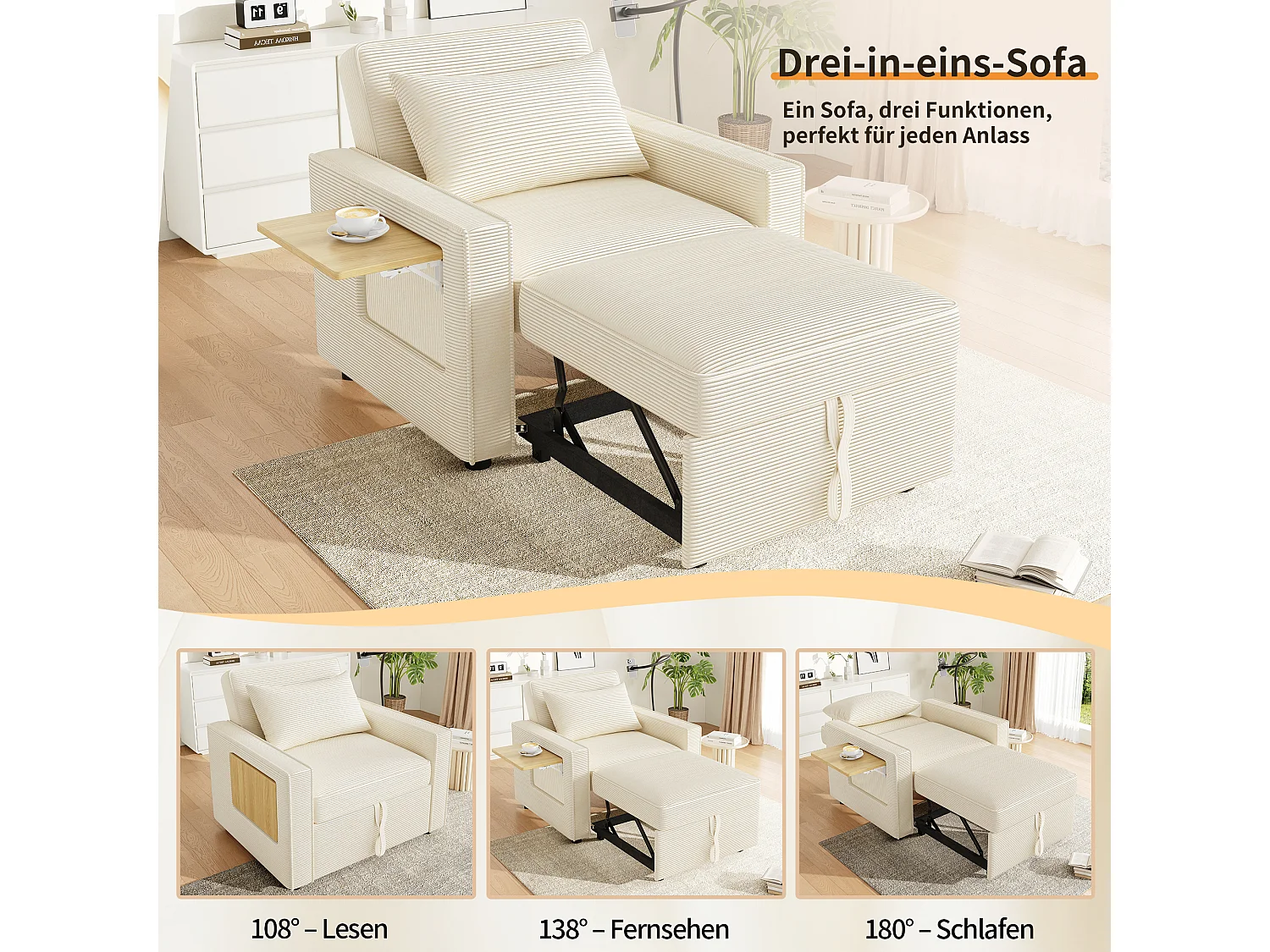 Canapé-lit 1 place en velours côtelé beige, avec USB et USB-C pour salon ou chambre