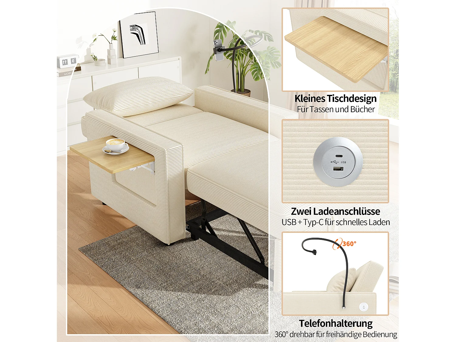 Canapé-lit 1 place en velours côtelé beige, avec USB et USB-C pour salon ou chambre