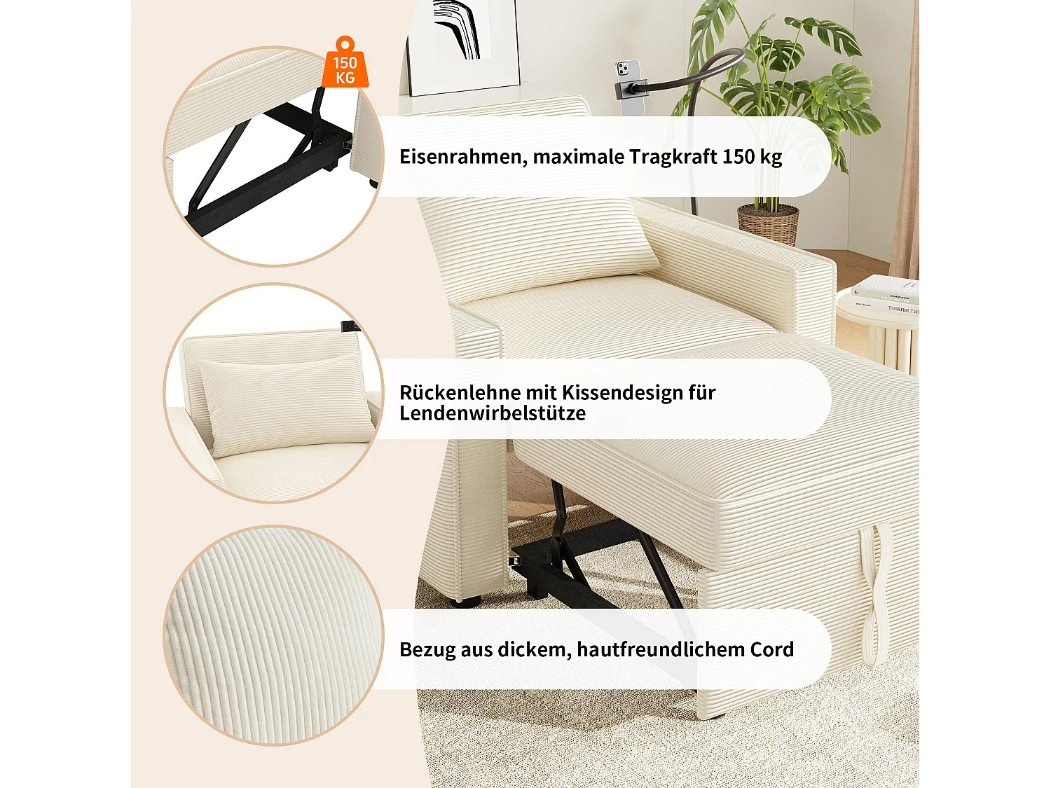 Canapé-lit 1 place en velours côtelé beige, avec USB et USB-C pour salon ou chambre