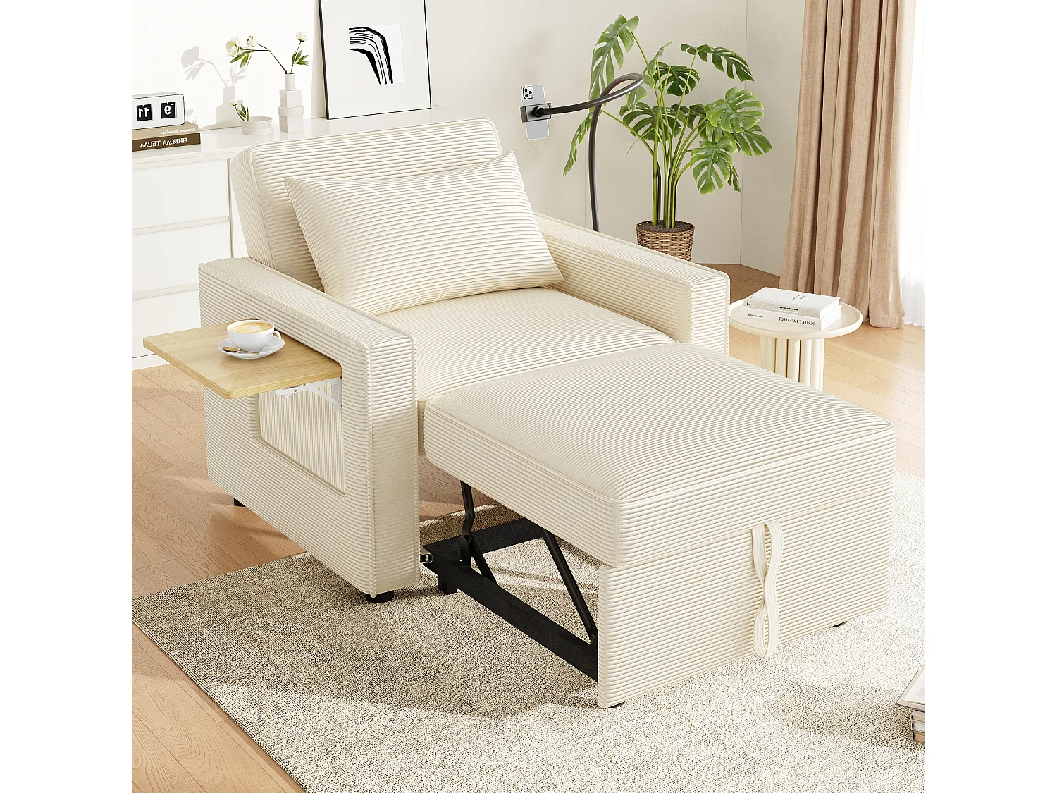 Canapé-lit 1 place en velours côtelé beige, avec USB et USB-C pour salon ou chambre