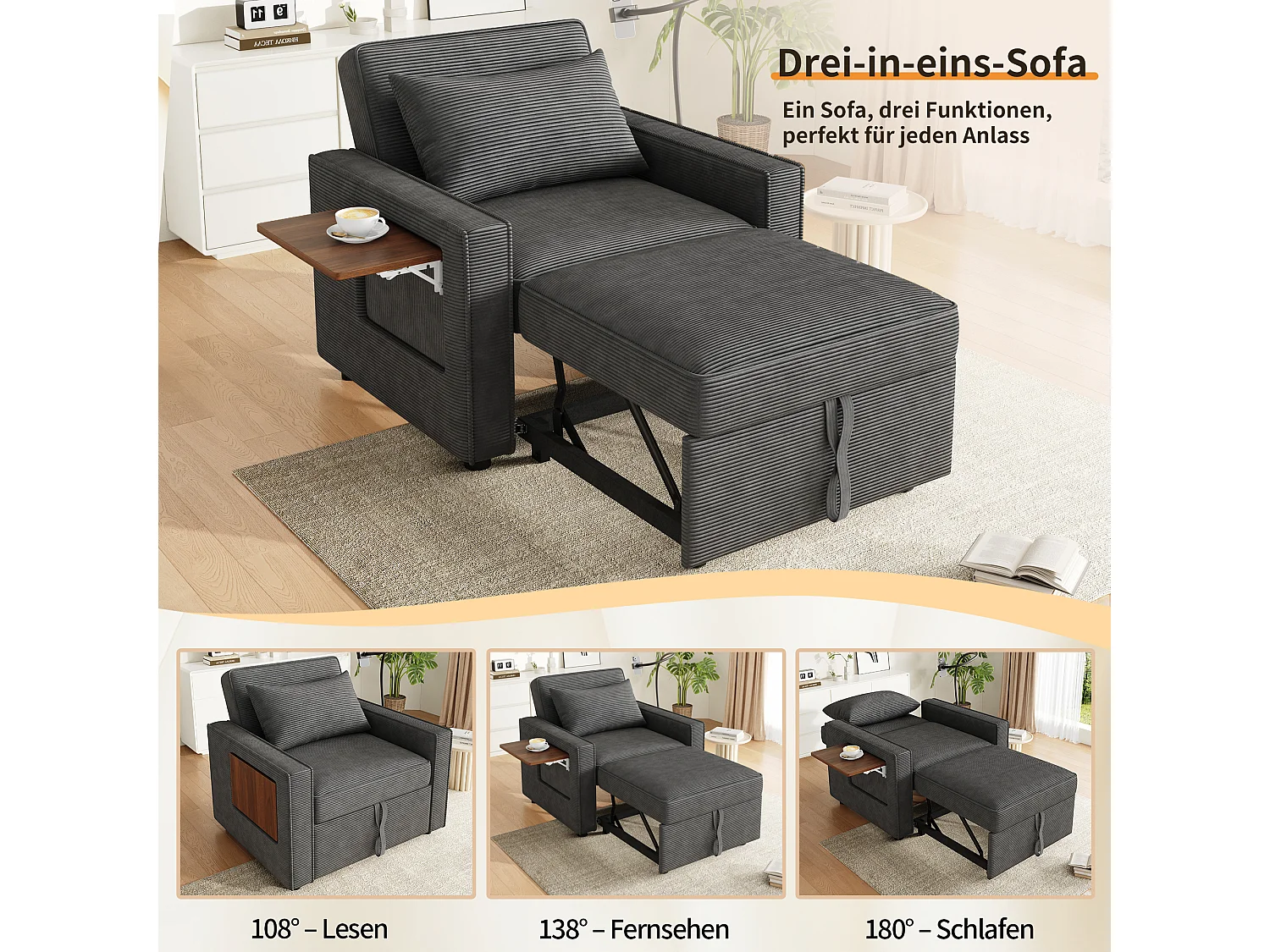 Canapé convertible 1 place en velours côtelé gris, dossier réglable et USB pour salon