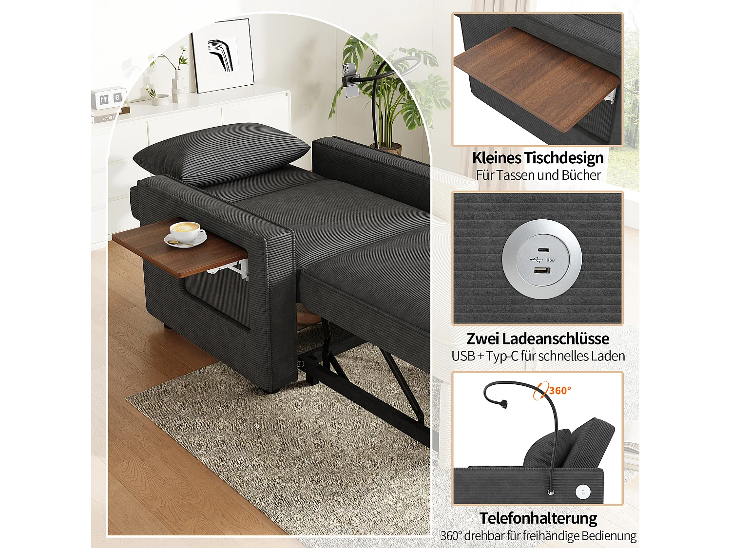 Canapé convertible 1 place en velours côtelé gris, dossier réglable et USB pour salon