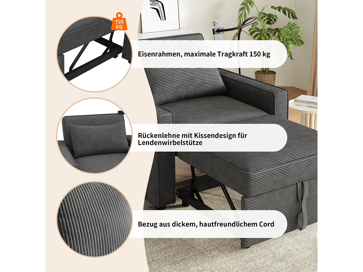 Canapé convertible 1 place en velours côtelé gris, dossier réglable et USB pour salon