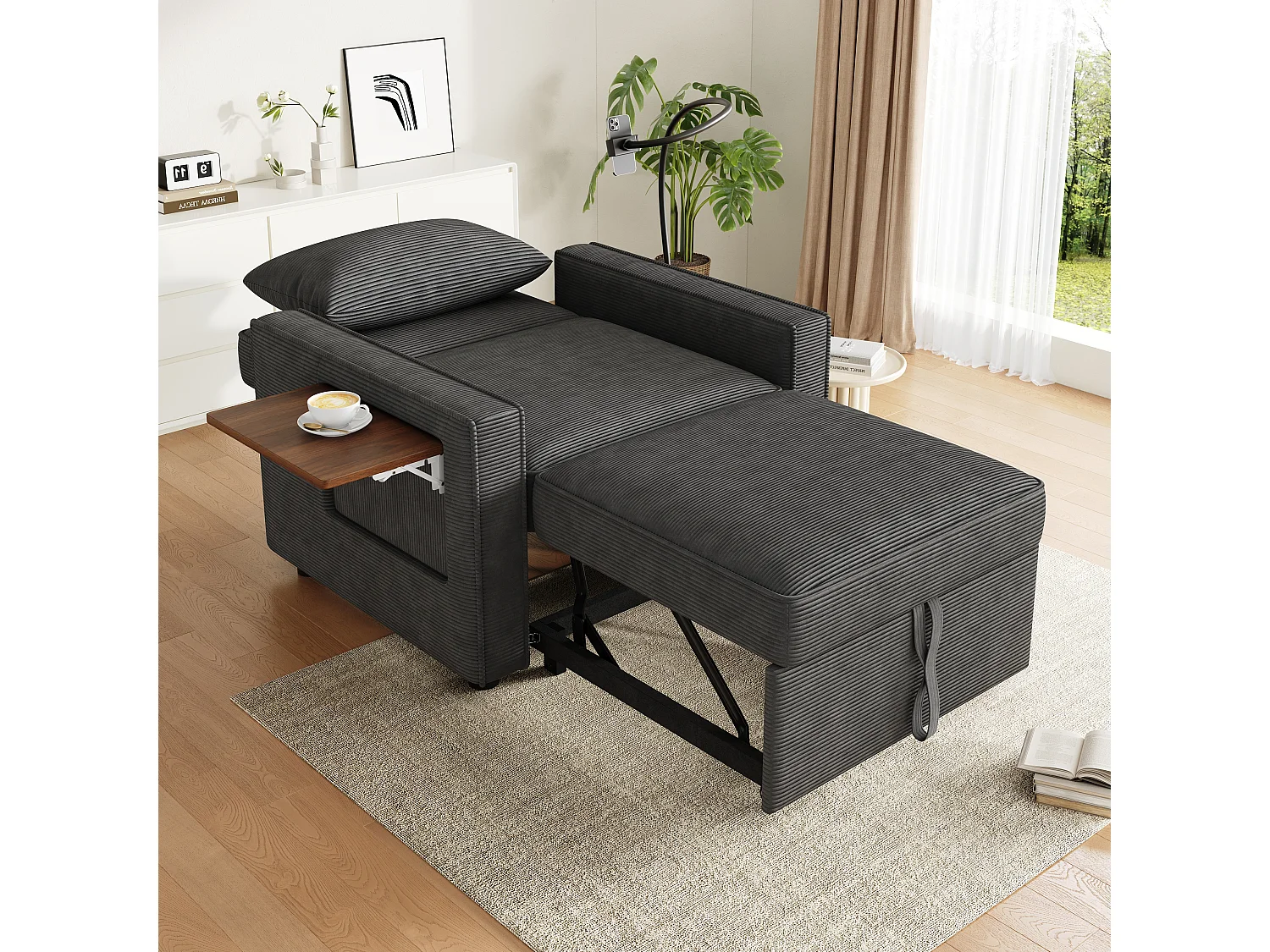 Canapé convertible 1 place en velours côtelé gris, dossier réglable et USB pour salon