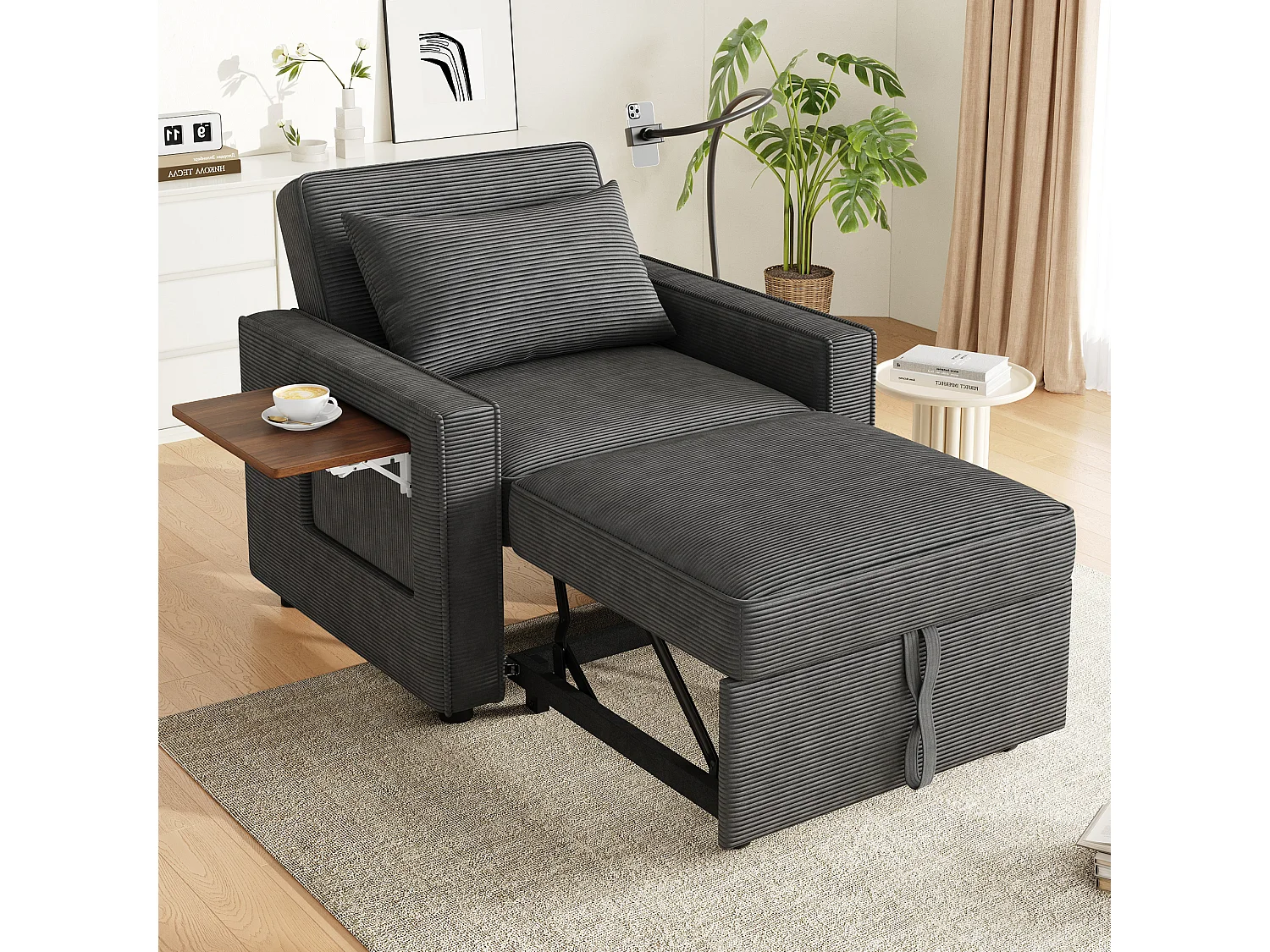 Canapé convertible 1 place en velours côtelé gris, dossier réglable et USB pour salon