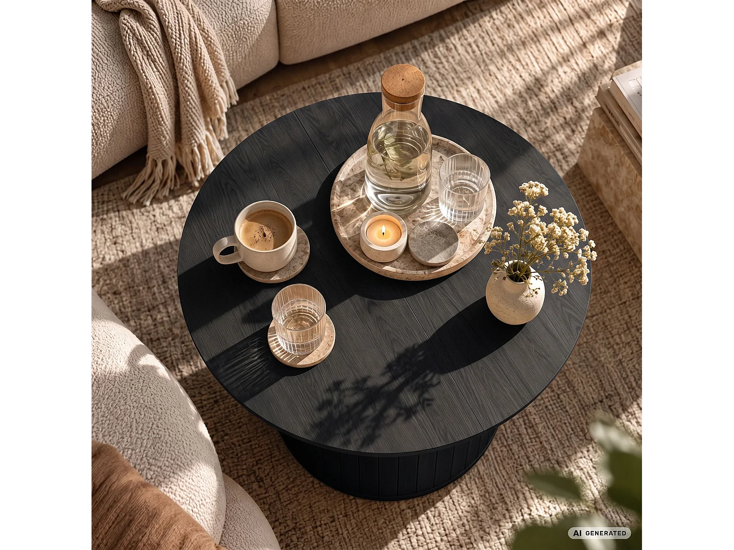 Salontafel NUBO / Zwart / 80 cm / Rond / Geribbeld / 80 x 80 x 45 cm
