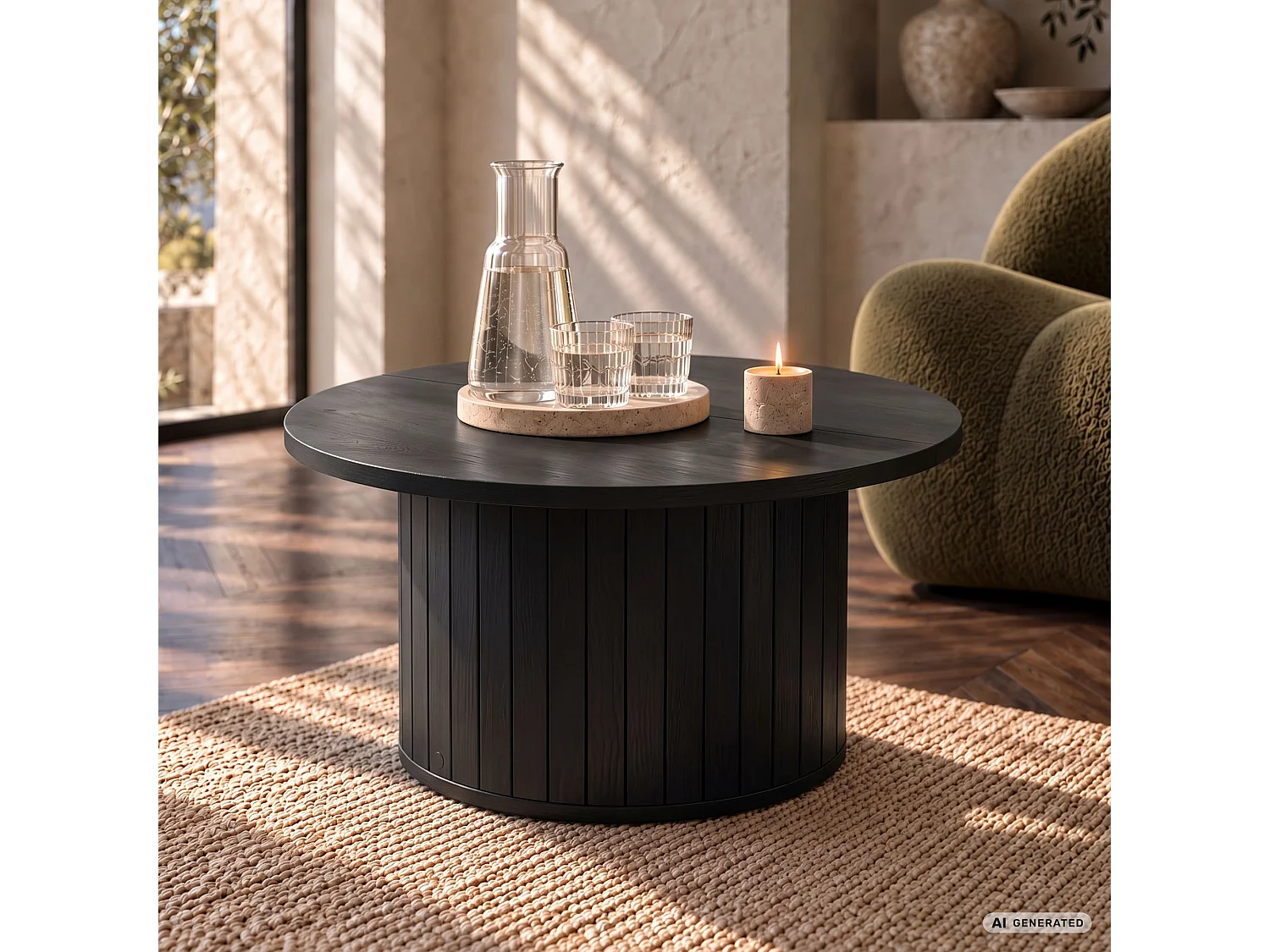 Salontafel NUBO / Zwart / 80 cm / Rond / Geribbeld / 80 x 80 x 45 cm