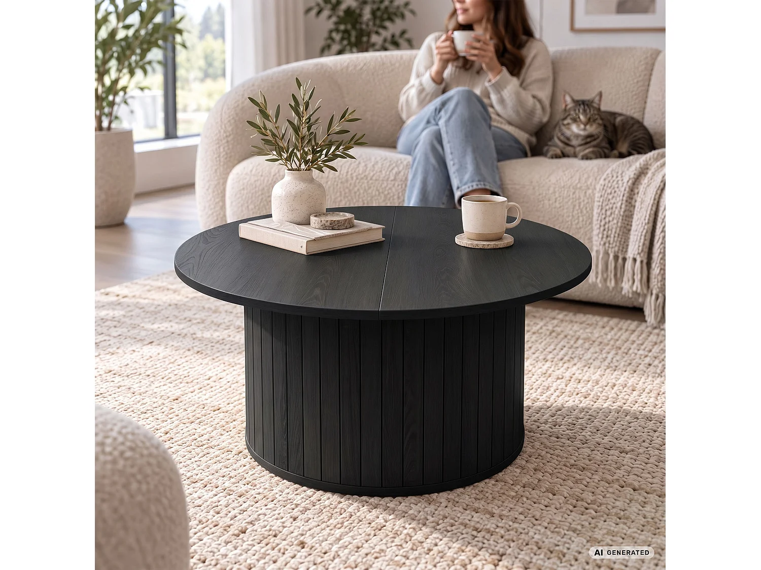 Salontafel NUBO / Zwart / 80 cm / Rond / Geribbeld / 80 x 80 x 45 cm