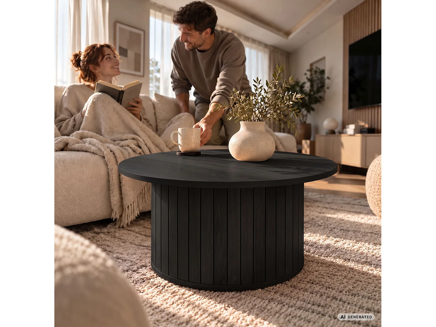 Salontafel NUBO / Zwart / 80 cm / Rond / Geribbeld / 80 x 80 x 45 cm