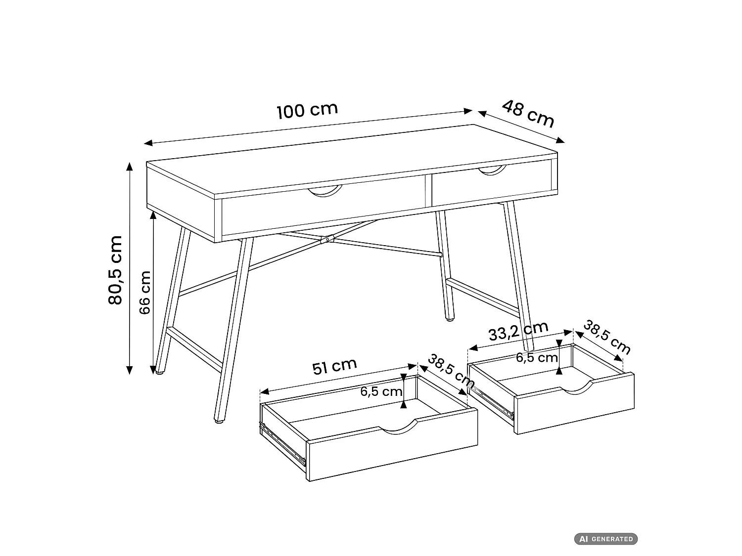 Biurko komputerowe RAX Dąb Artisan 100 cm 2 szuflady czarne nogi styl industrialny 100x48x80,5 cm