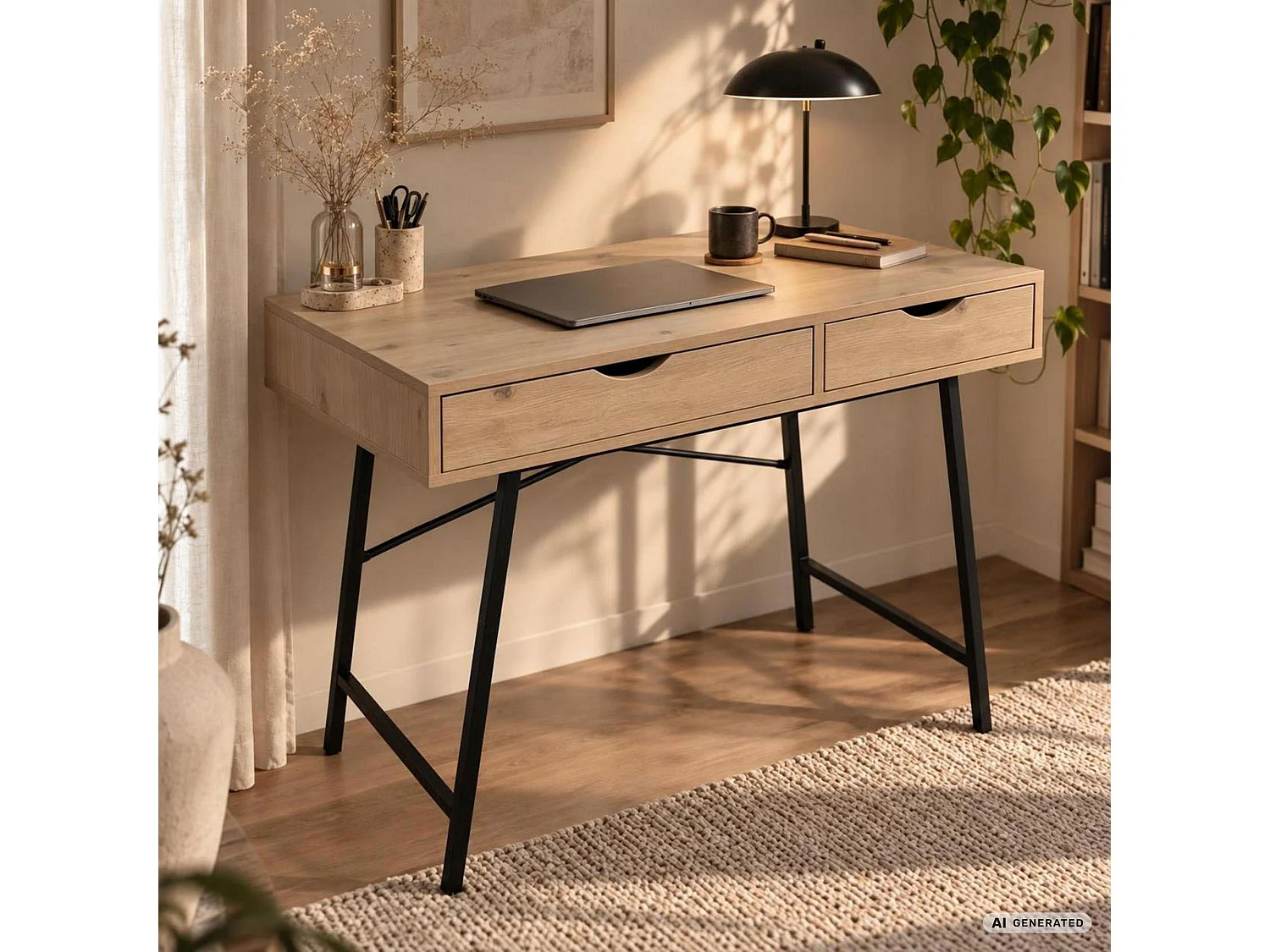 Biurko komputerowe RAX Dąb Artisan 100 cm 2 szuflady czarne nogi styl industrialny 100x48x80,5 cm