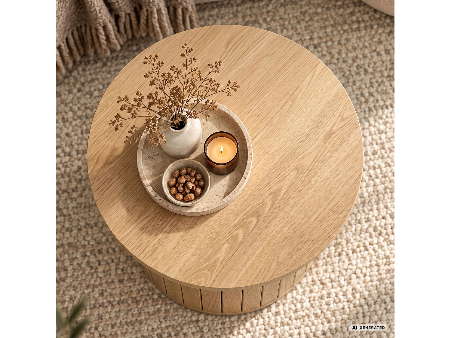 Stolik kawowy NUBO Naturalne Drewno 48 cm okrągły ryflowany 48x48x42 cm
