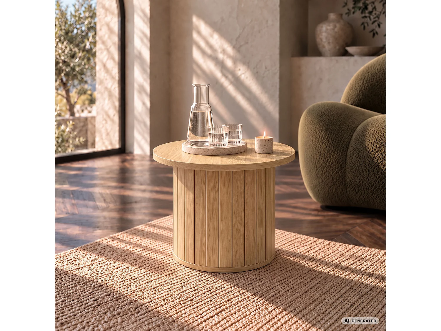 Stolik kawowy NUBO Naturalne Drewno 48 cm okrągły ryflowany 48x48x42 cm