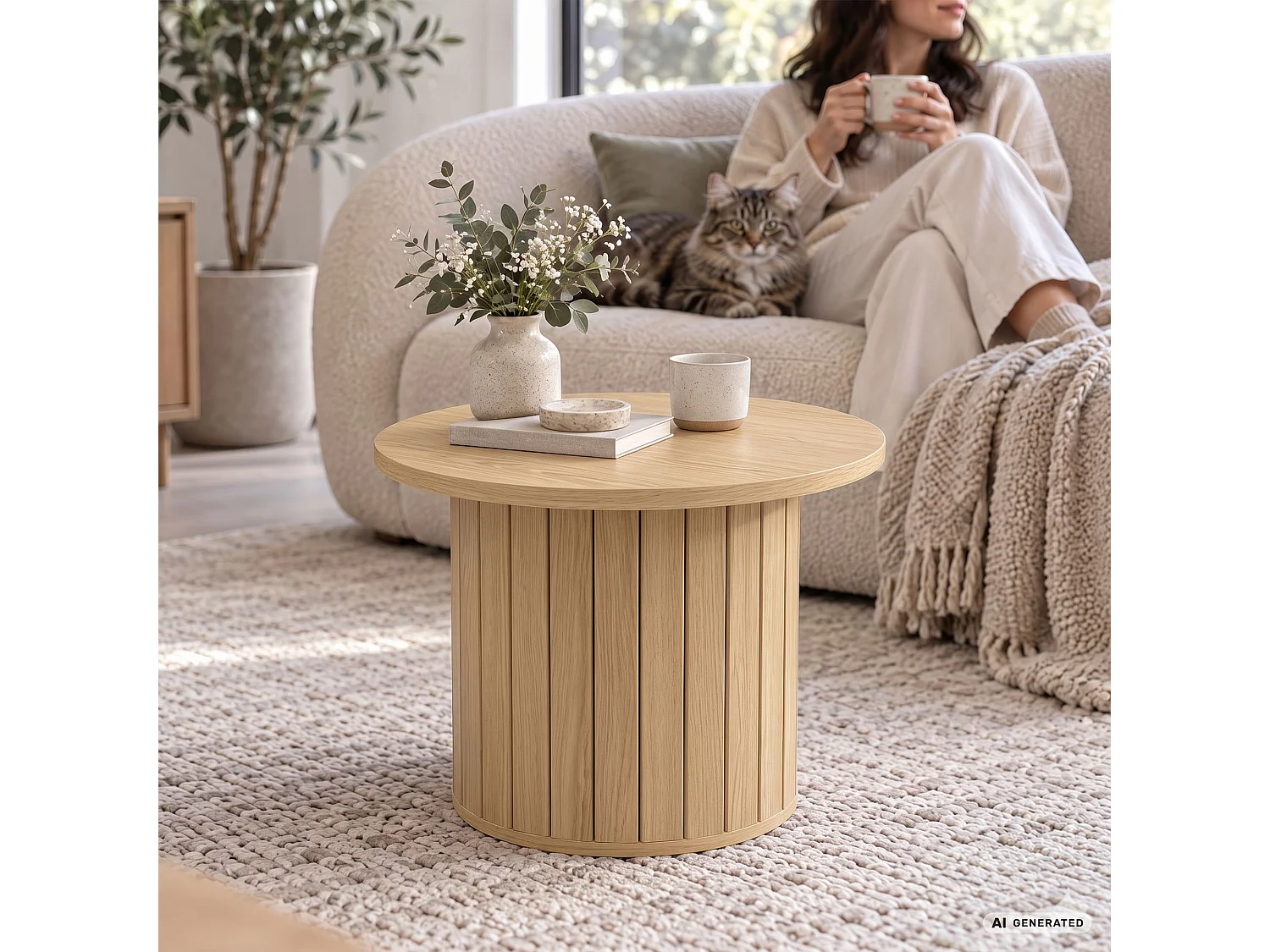 Stolik kawowy NUBO Naturalne Drewno 48 cm okrągły ryflowany 48x48x42 cm