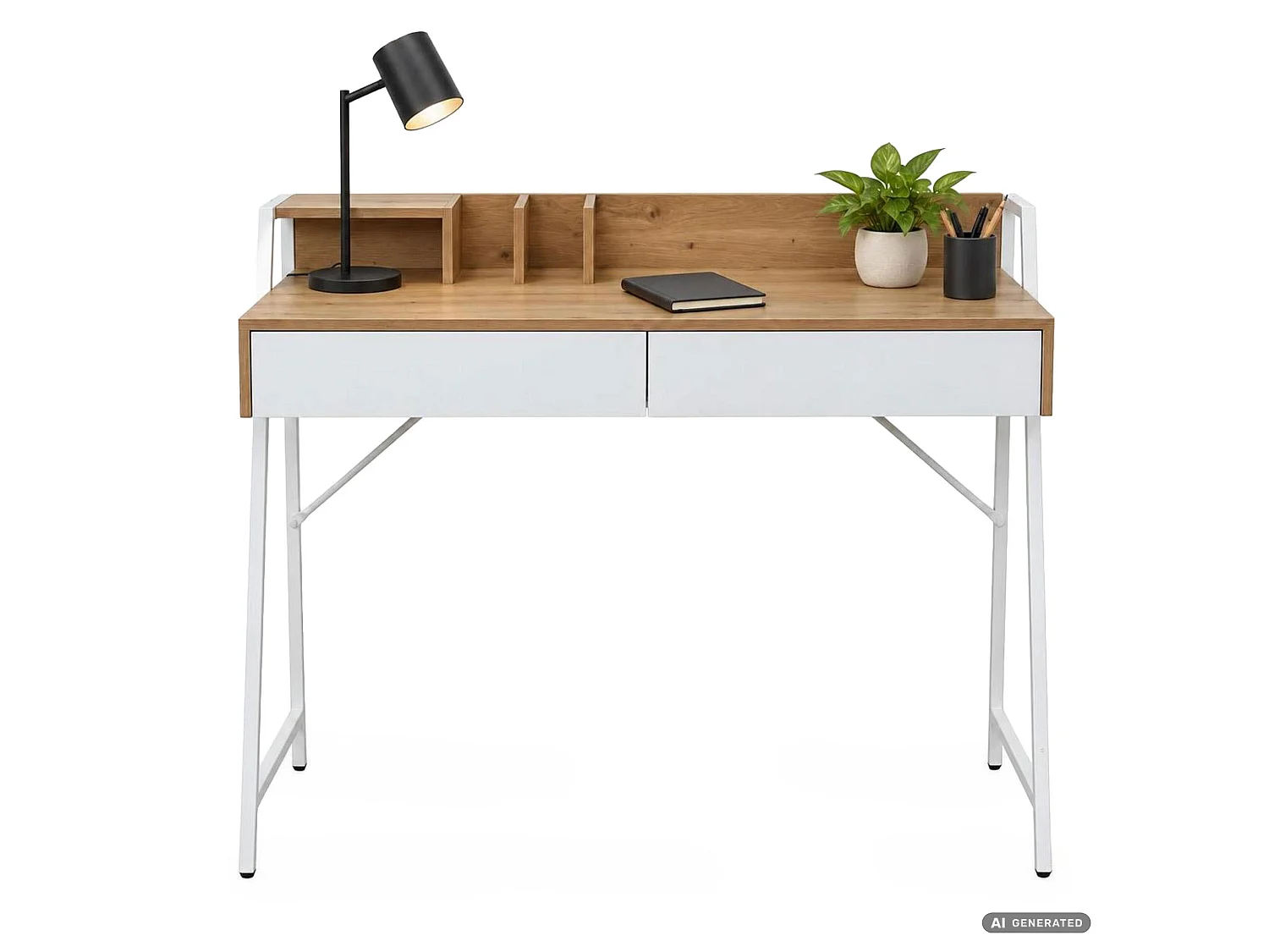 Computerbureau ORIX, Artisan eiken, 2 laden, 1 plank, witte poten, industriële stijl, 124 x 48 x 91,5 cm
