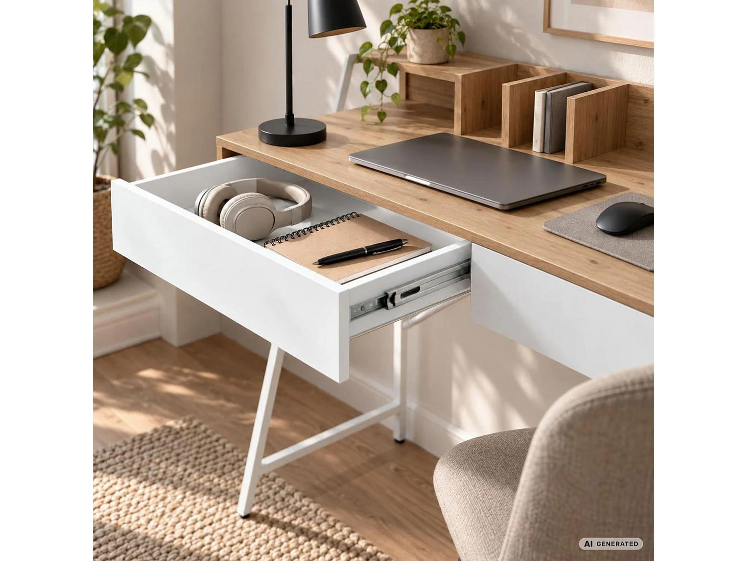 Computerbureau ORIX, Artisan eiken, 2 laden, 1 plank, witte poten, industriële stijl, 124 x 48 x 91,5 cm