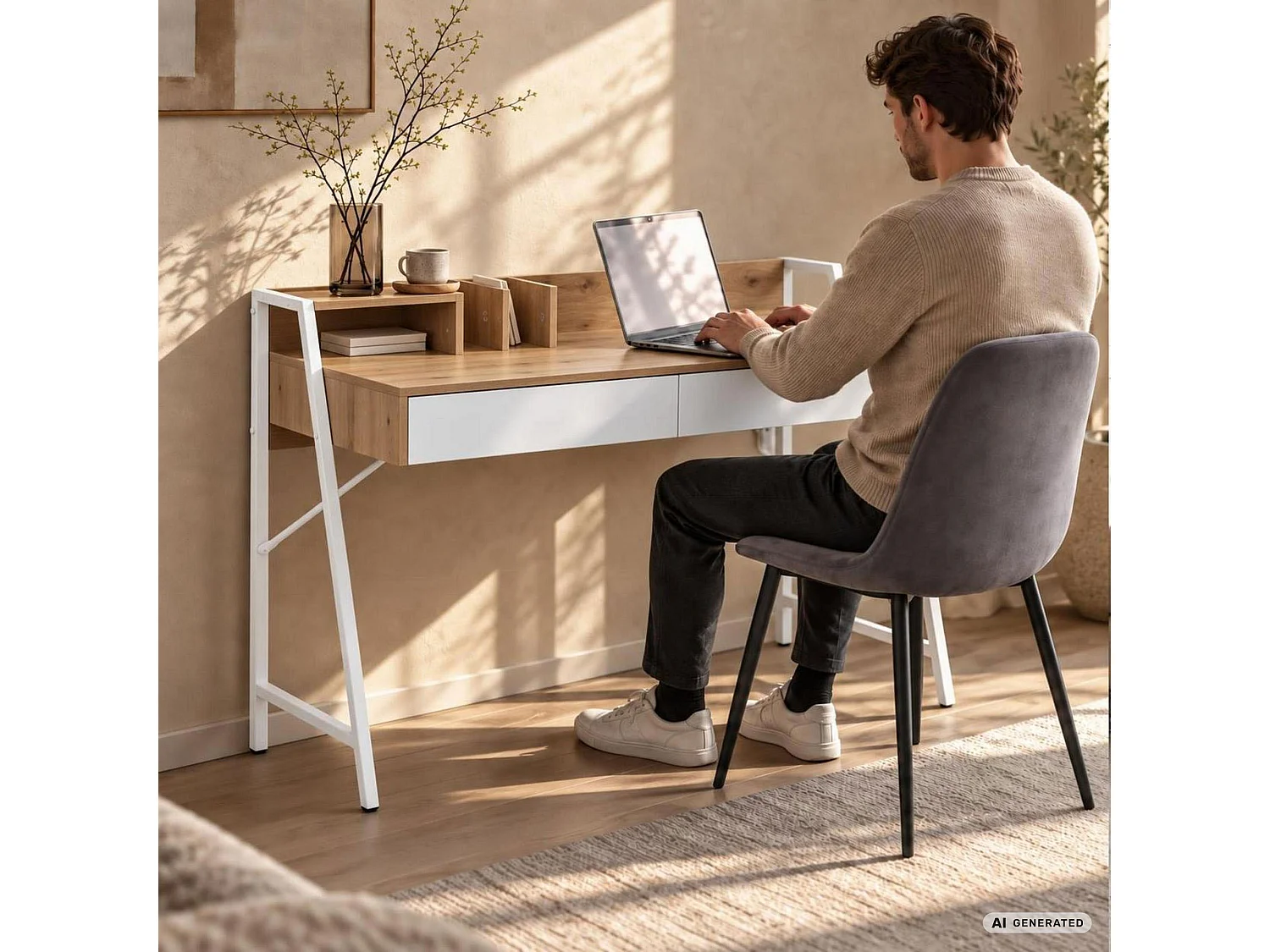 Computerbureau ORIX, Artisan eiken, 2 laden, 1 plank, witte poten, industriële stijl, 124 x 48 x 91,5 cm