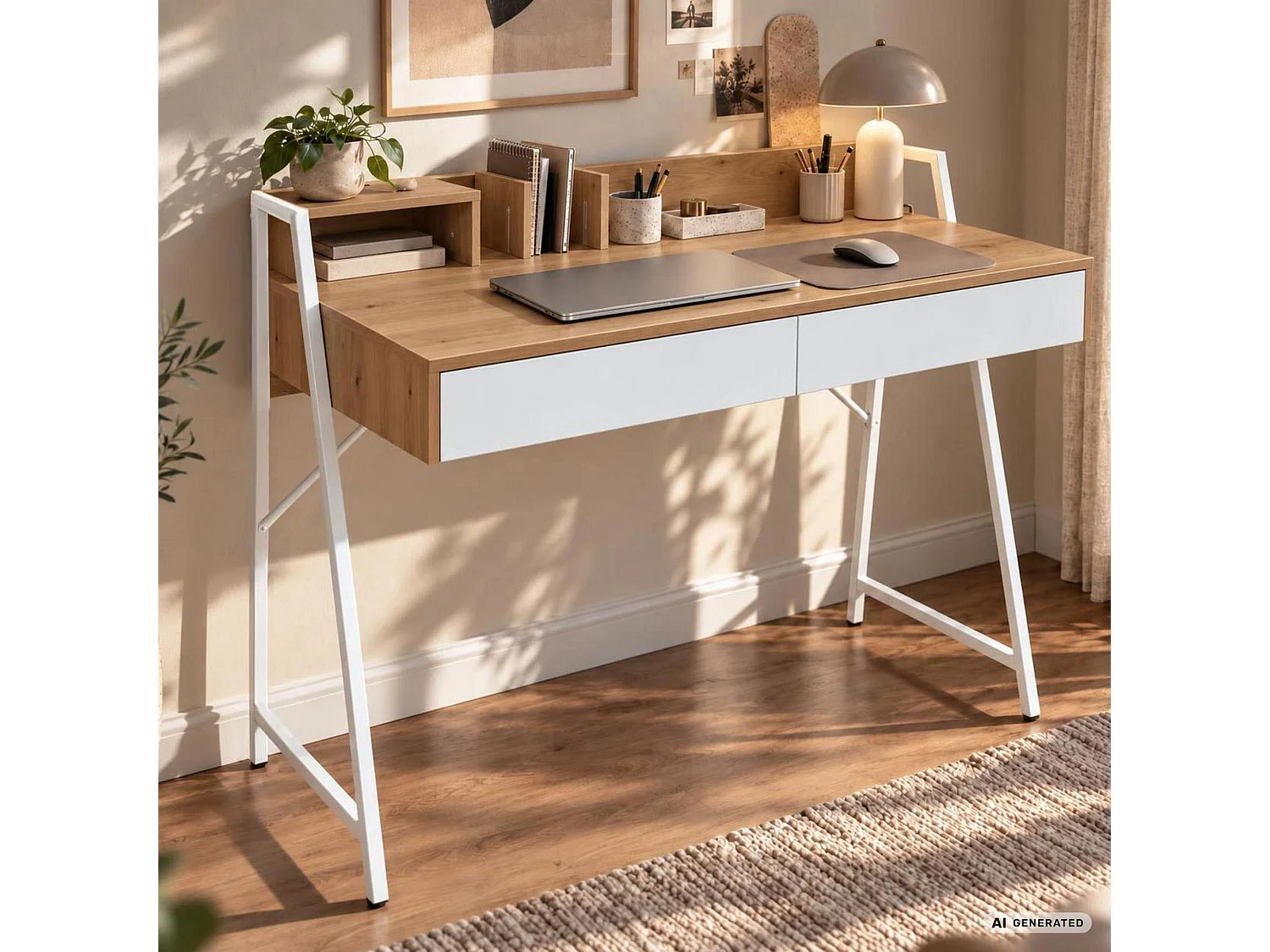 Computerbureau ORIX, Artisan eiken, 2 laden, 1 plank, witte poten, industriële stijl, 124 x 48 x 91,5 cm