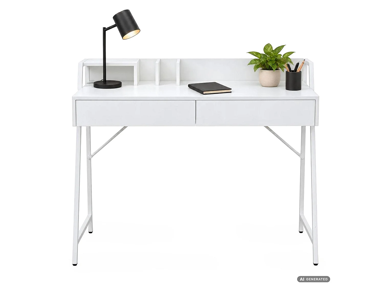 Bureau d'ordinateur ORIX blanc 124 cm 2 tiroirs 1 étagère pieds blancs style industriel 124x48x91,5 cm