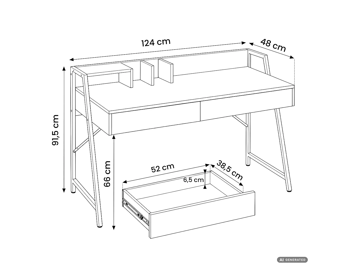 Bureau d'ordinateur ORIX blanc 124 cm 2 tiroirs 1 étagère pieds blancs style industriel 124x48x91,5 cm