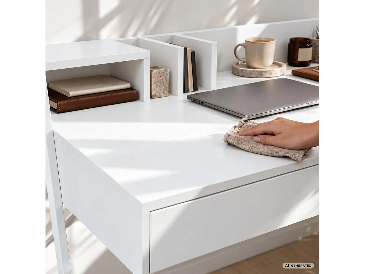 Bureau d'ordinateur ORIX blanc 124 cm 2 tiroirs 1 étagère pieds blancs style industriel 124x48x91,5 cm