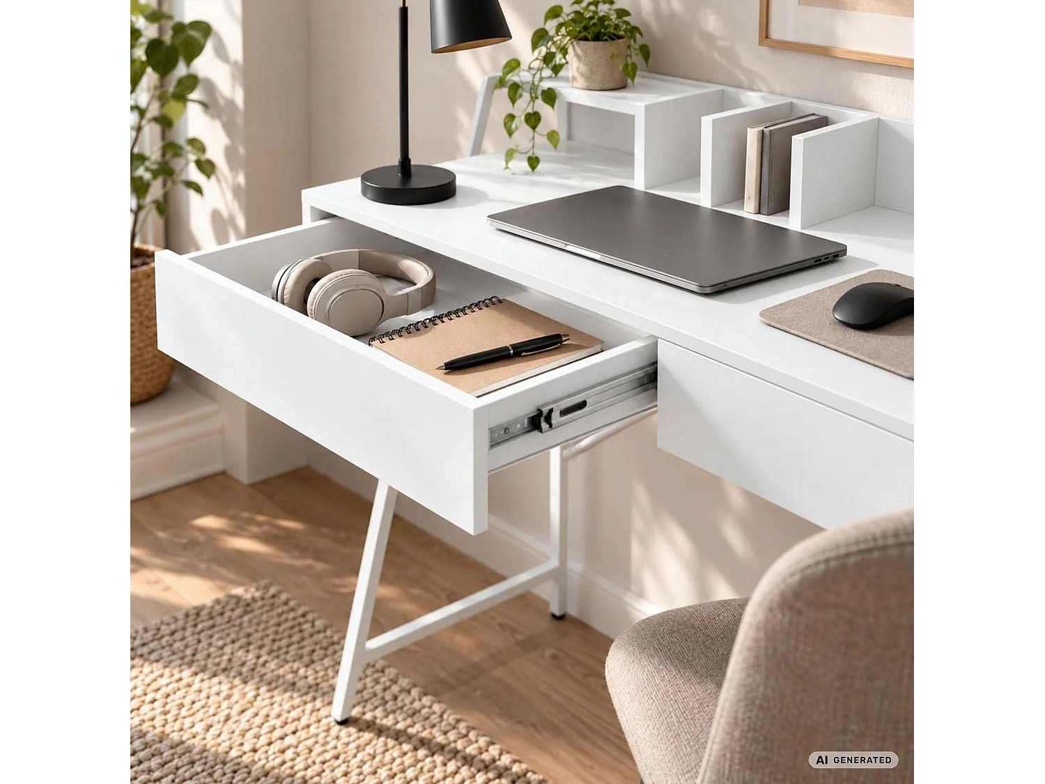 Bureau d'ordinateur ORIX blanc 124 cm 2 tiroirs 1 étagère pieds blancs style industriel 124x48x91,5 cm