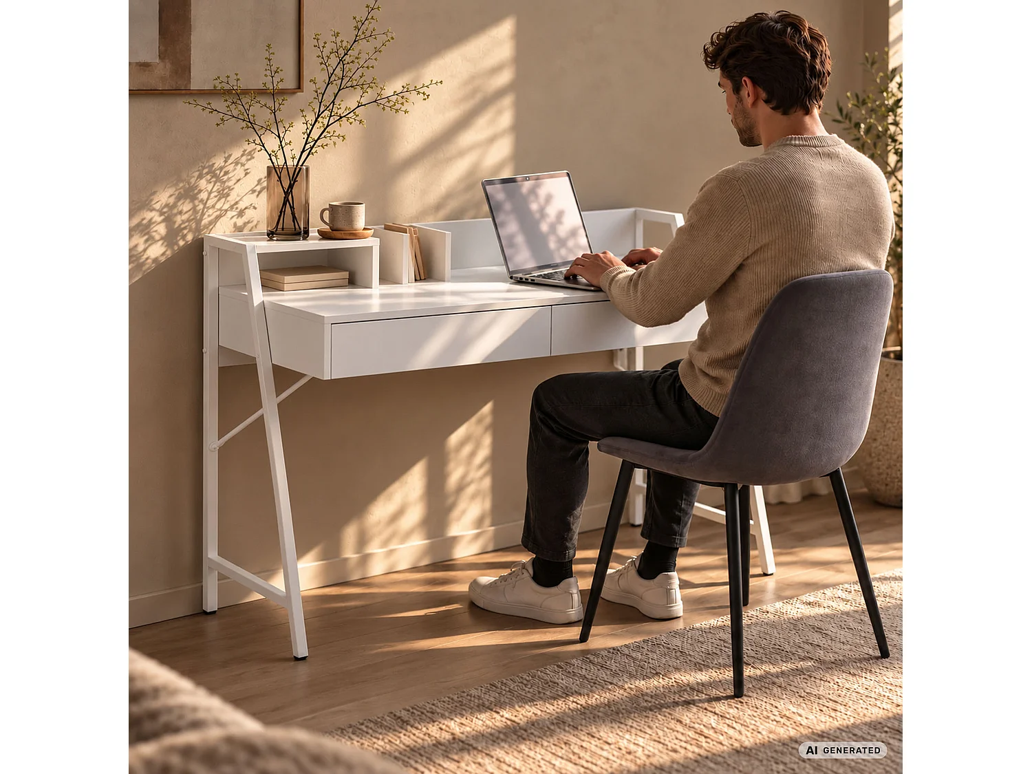Bureau d'ordinateur ORIX blanc 124 cm 2 tiroirs 1 étagère pieds blancs style industriel 124x48x91,5 cm