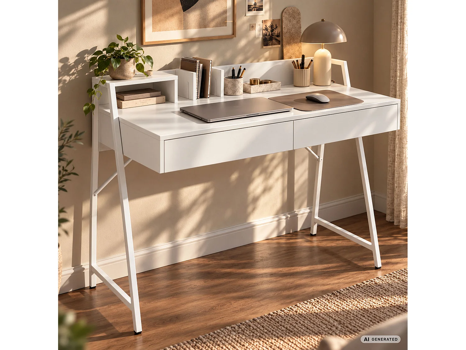 Bureau d'ordinateur ORIX blanc 124 cm 2 tiroirs 1 étagère pieds blancs style industriel 124x48x91,5 cm