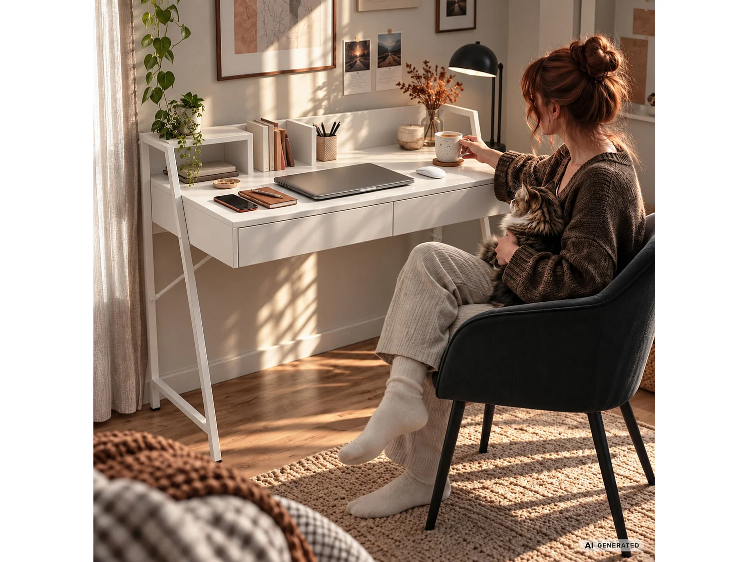 Bureau d'ordinateur ORIX blanc 124 cm 2 tiroirs 1 étagère pieds blancs style industriel 124x48x91,5 cm