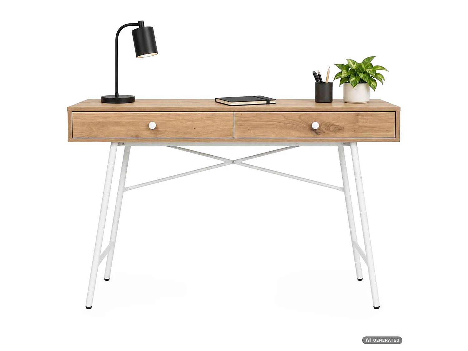 Scrivania per computer SKANDIA rovere Artisan, 2 cassetti, struttura bianca stile industriale, 120x50x80,5 cm