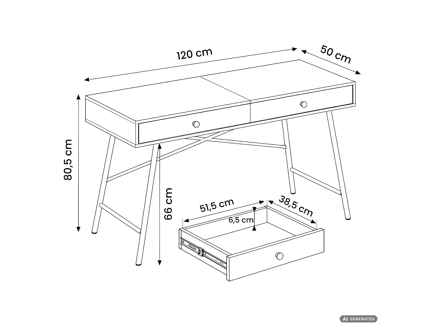 Scrivania per computer SKANDIA rovere Artisan, 2 cassetti, struttura bianca stile industriale, 120x50x80,5 cm