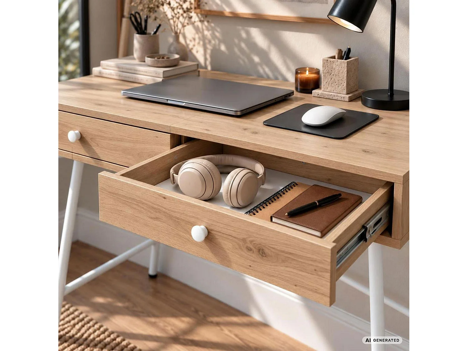 Scrivania per computer SKANDIA rovere Artisan, 2 cassetti, struttura bianca stile industriale, 120x50x80,5 cm