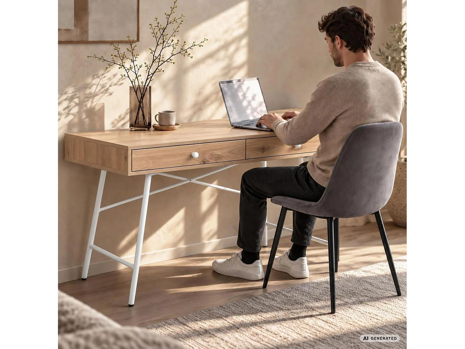 Scrivania per computer SKANDIA rovere Artisan, 2 cassetti, struttura bianca stile industriale, 120x50x80,5 cm