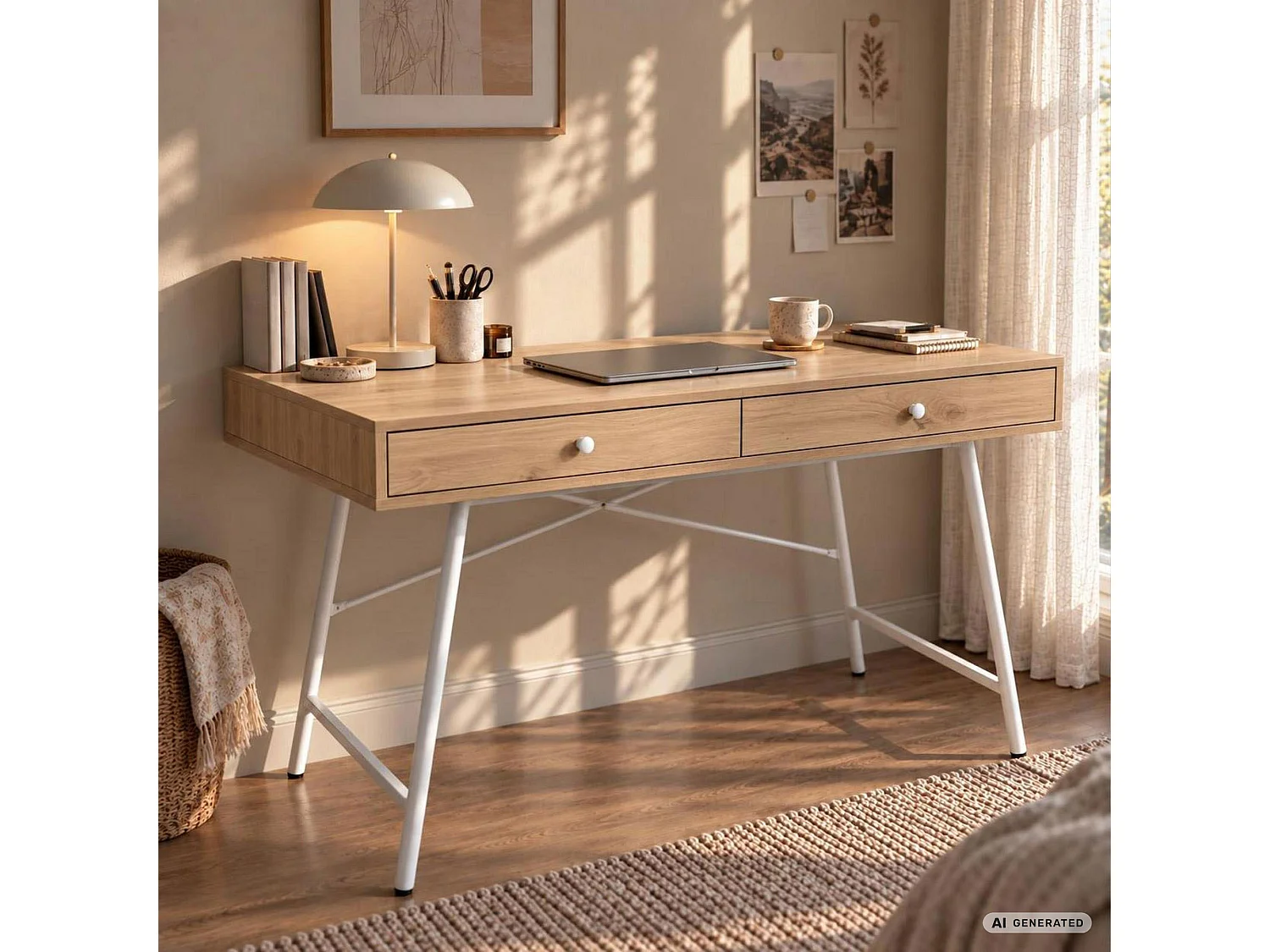 Scrivania per computer SKANDIA rovere Artisan, 2 cassetti, struttura bianca stile industriale, 120x50x80,5 cm