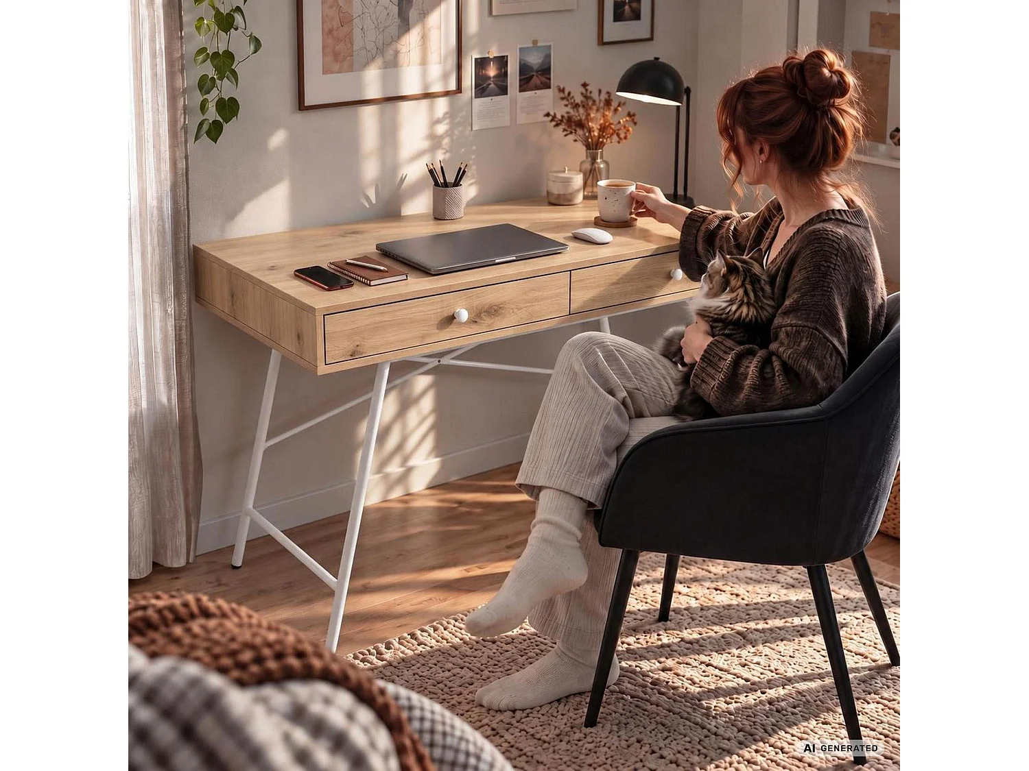 Scrivania per computer SKANDIA rovere Artisan, 2 cassetti, struttura bianca stile industriale, 120x50x80,5 cm